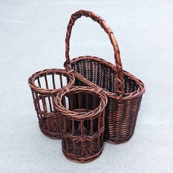Vintage wicker picnic basket cutlery napkins utensils wine bottle opener rustic rattan carrier