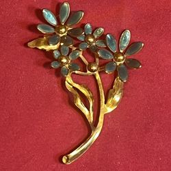 VTG Gold Tone & Green Enamel Floral Brooch