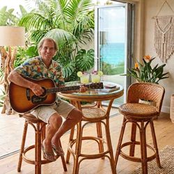 Rattan-itaville - Pair of Bamboo Rattan Bar Stools - Swivel Tropical Palm Beach Coastal Tiki Hawaiian