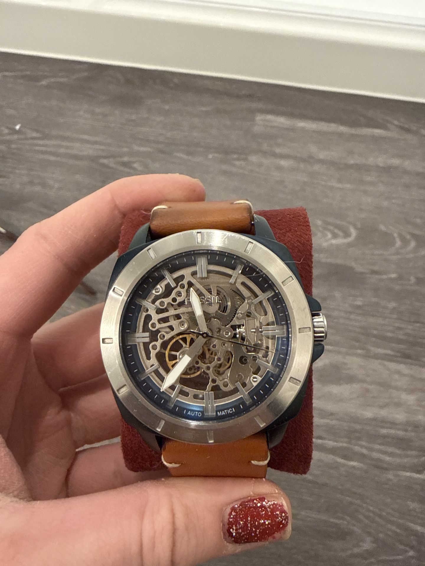 Fossil Skeleton Luggage Leather Silver Face Watch