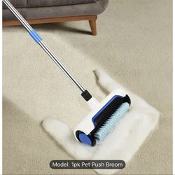 Portable Pet Hair Remover Push Broom with Rubber Teeth - Stainless Steel & Flag-Free Pig Bristles, Ergonomic Handle for Carpets, Hardwood Floors, Tile