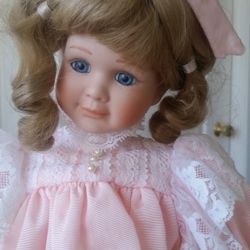 Doll Ceramic In Pink  Dress  17 " Tall