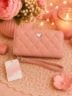Blush Kiss Pink Quilted Heart Zip-Around Wristlet Wallet NWT