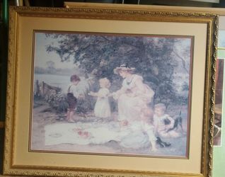 Picnic Scene Print Wood Frame Matted Wired