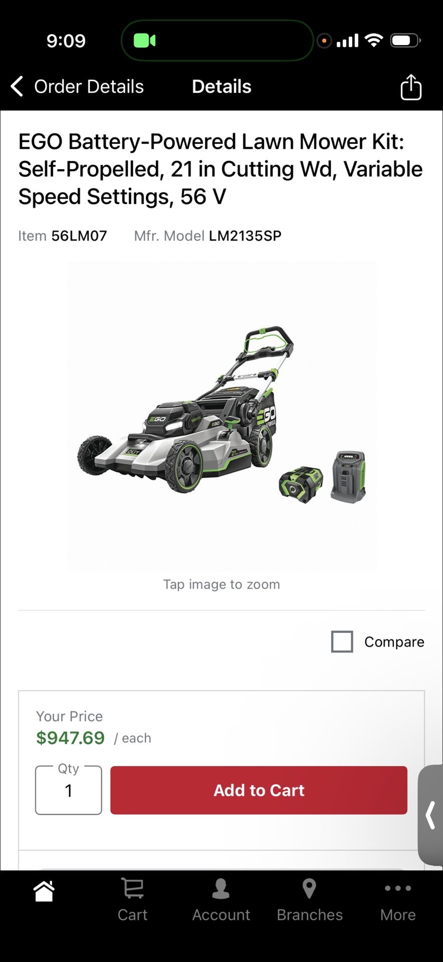 EGO Battery-Powered Lawn Mower Kit: Self-Propelled, 21 in Cutting Wd, Variable Speed Settings, 56 V