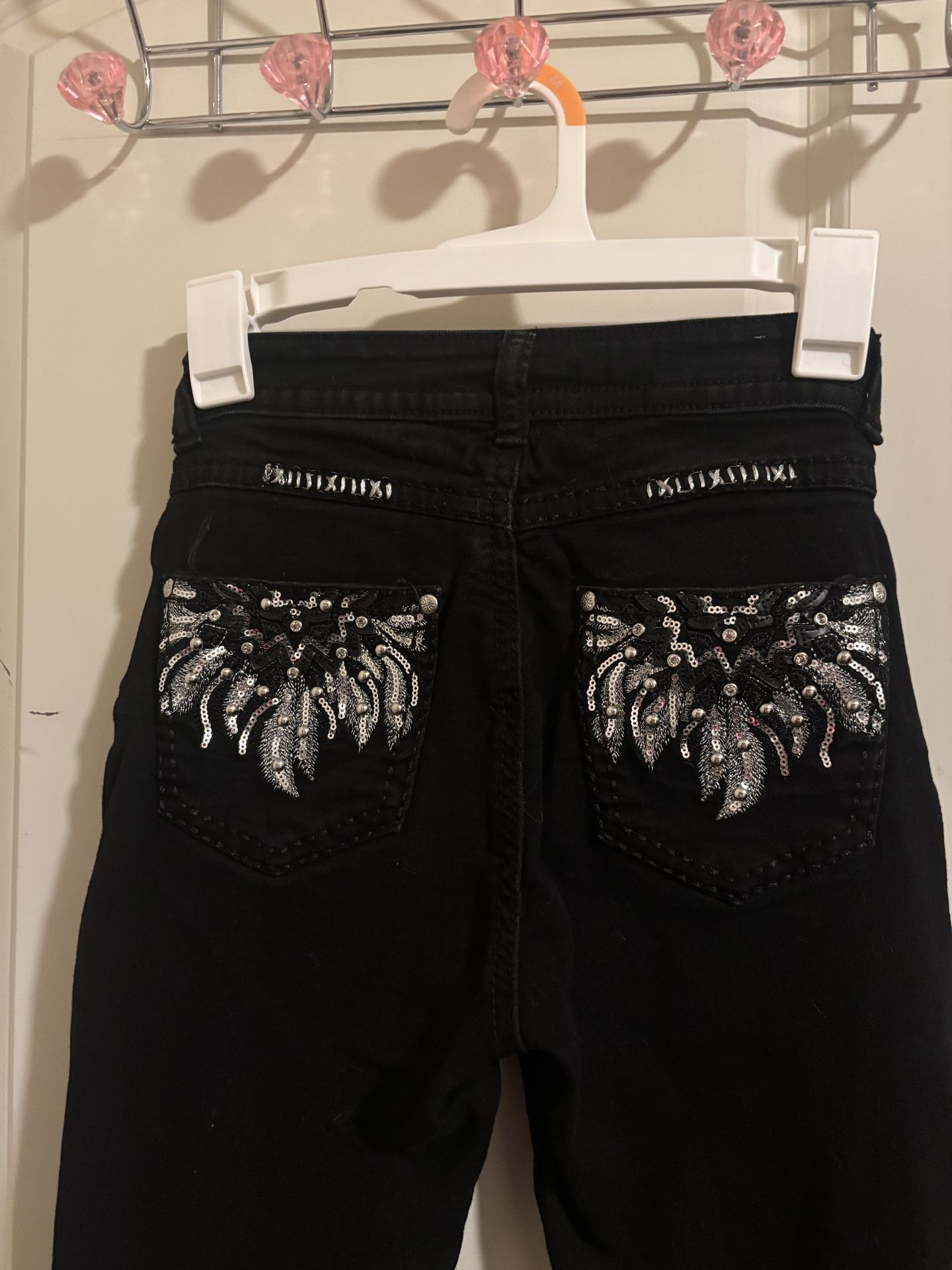 Black embellished jeans with silver sequins and rhinestones #embellished #denim