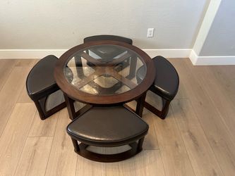 40” Beveled Glass Top Solid Wood Espresso Round Coffee Table w/ 4 Stools
