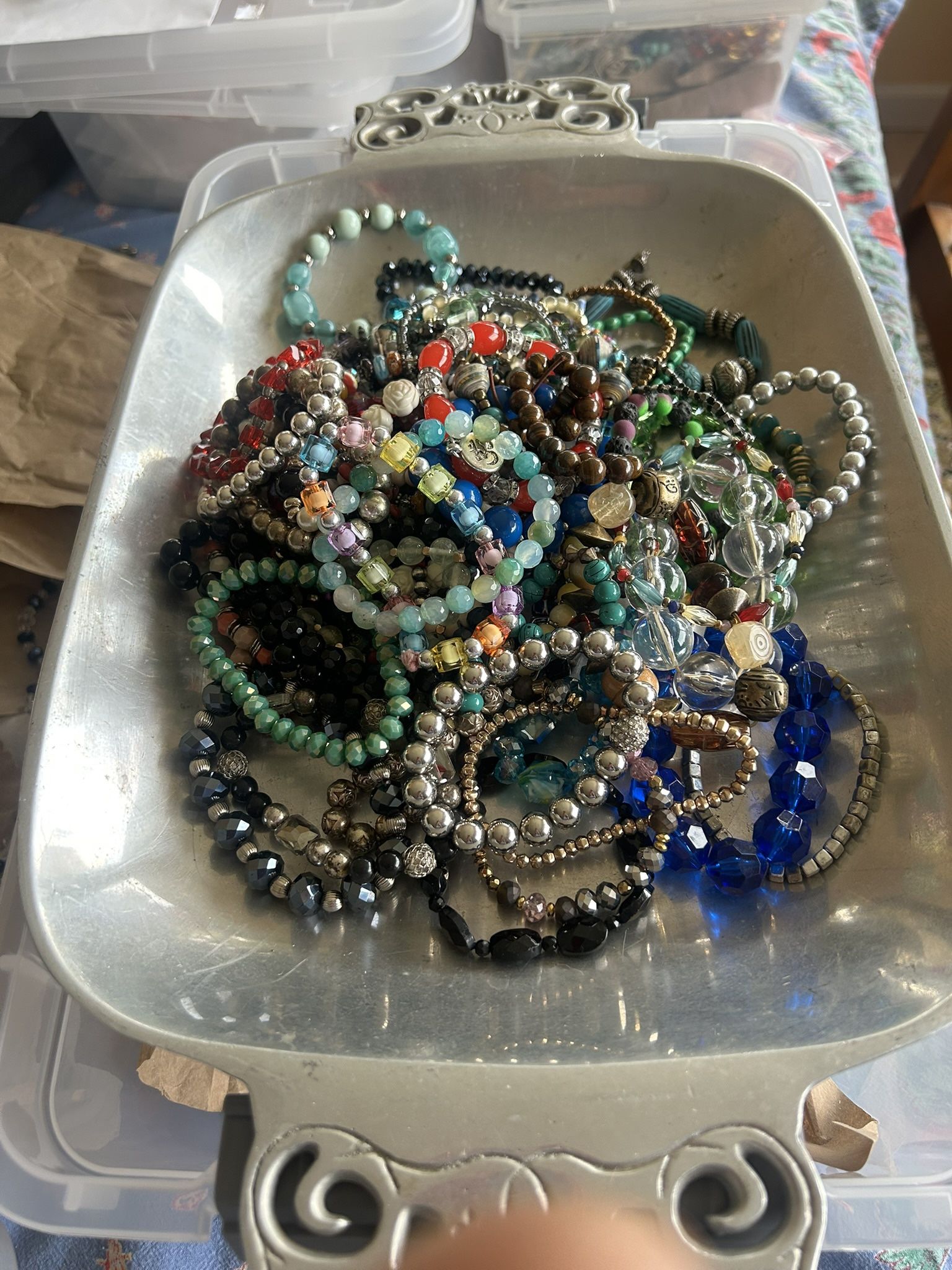 Jewelry lot 2-lbs + wearable beaded bracelets. Mixed colors.