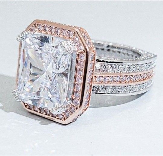 SPARKLING 6 CARAT PRINCESS "RADIANT CUT" DIAMOND CZ SET IN A TWO-TONE 14K WHITE & "PINK" GOLD PLATING FUSED OVER .925 SILVER ENGAGEMENT WEDDING RING