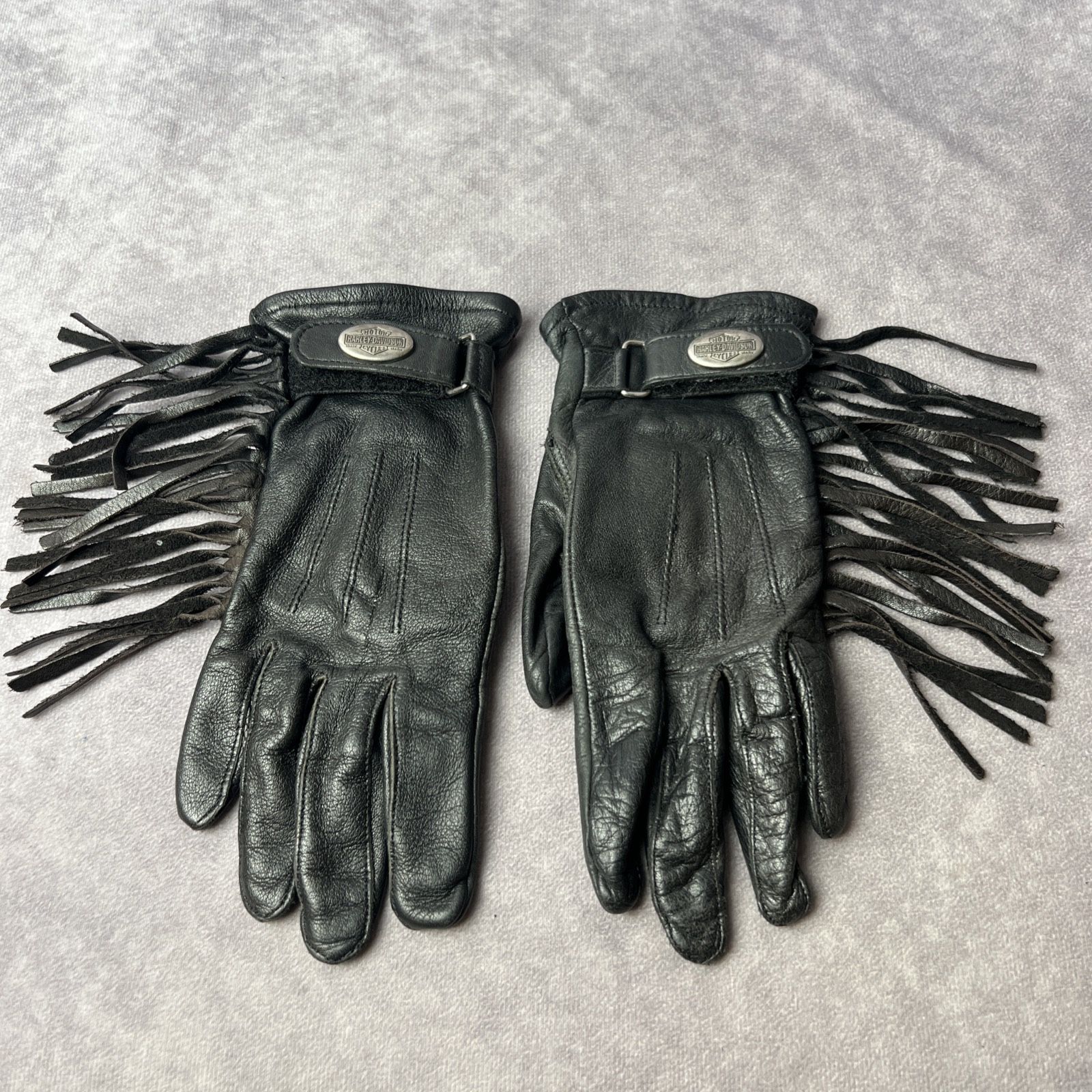 VTG Harley-Davidson Womens Black Leather Fringe Riding Gloves Wrist Length SMALL