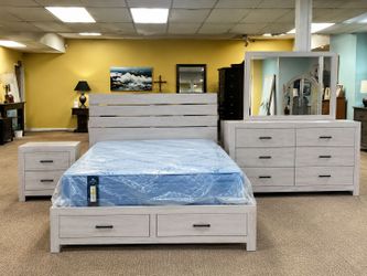 Modern Rustic Whitewashed Queen/King Bedroom Set (Storage Bed) - Free Delivery woo