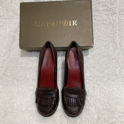 CAFE’ NOIR CHOCOLATE TASSEL LOAFERS W/3” STACKED WOODEN HEELS SIZE EU 37.5