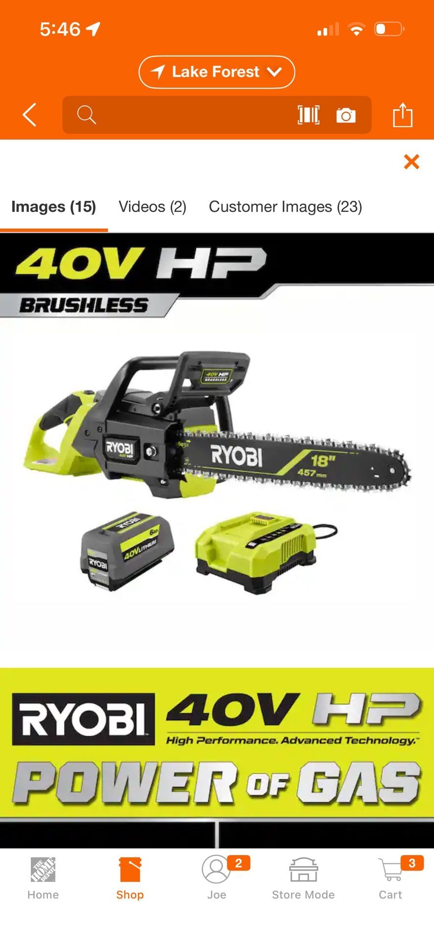 Chainsaw 18”, Battery, Charger Ryobi New Unopened