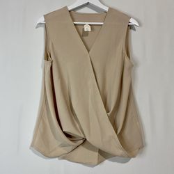 Women’s Sleeveless Faux Wrap V Neck Blouse Tan NWOT