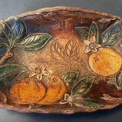  vintage Multi Products USA faux carved wood serving tray with an orange