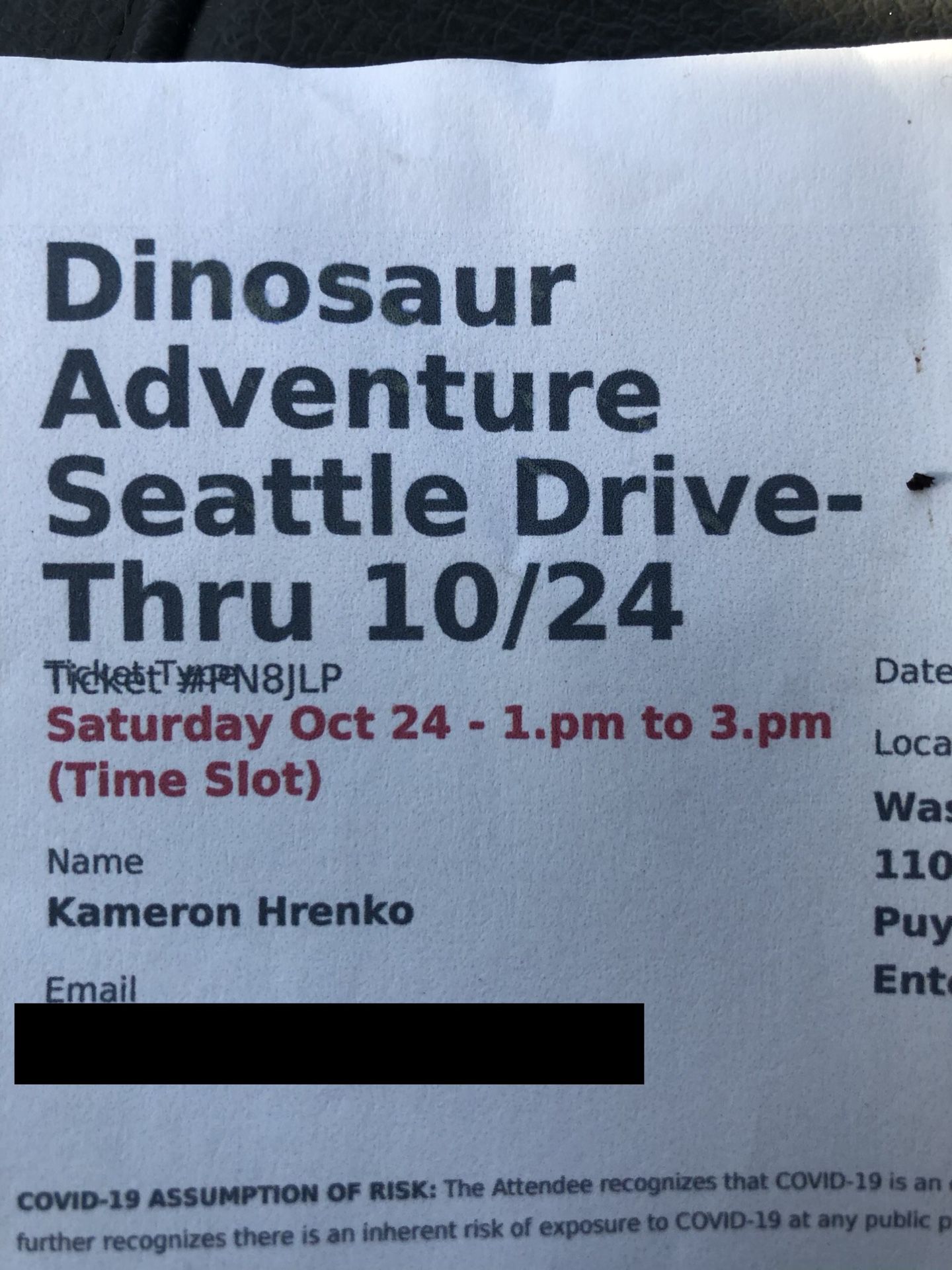 Dinosaur adventure ticket.