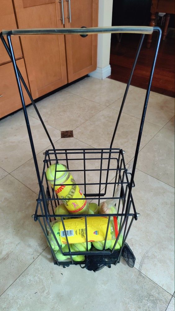 Tennis balls and ball pickup basket