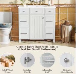 #A46 -36 in. Wood Bathroom Vanity, Ceramics Sink Top Combo Set White Single Sink, Shaker Cabinet with Soft Closing