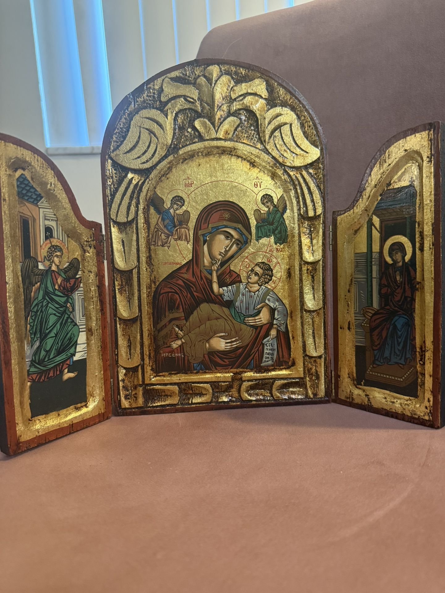 Authentic Greek Byzantine Icon - Tryptych Mary - Wood W/ 24kt GOLD - 11 Inch