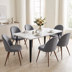 Homy Casa STAN+HAVEN 7PC Dining Set 63” White Marble Table with 6 Haven Grey Fabric Dining Chairs Open Box