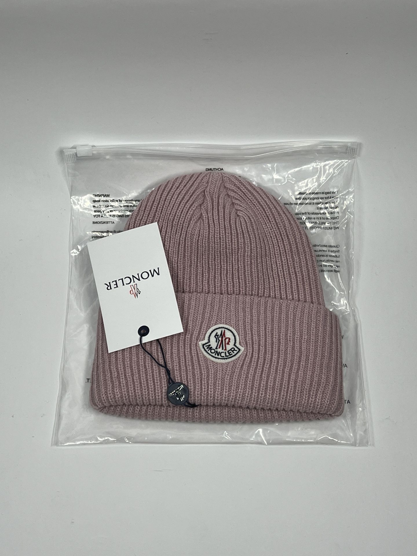 **NEW W/ TAGS ** Moncler Pink Beanie Knit Cap Ribbed Thick Hat Small Logo**