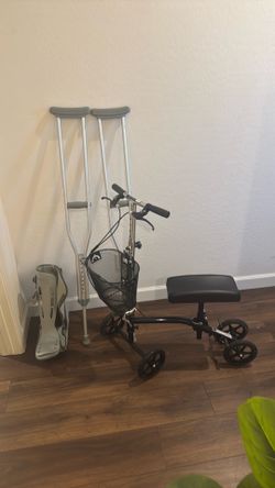 Knee Scooter, crutches, and (right) boot