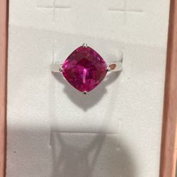 10mm Hot Neon Pink Sapphire (lab) Silver Ring Size 7