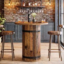 Brown 39.37 in. H Round Wood Bar Table Seats 2, Bar Height Table, Bistro Pub Table for Kitchen, Living Room, Small Space