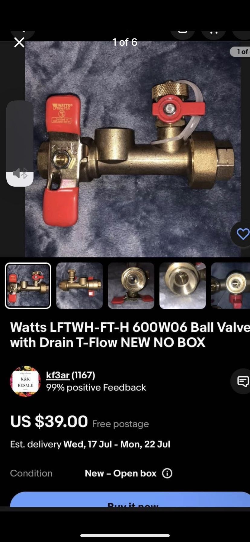 Watts LFTWH-FT-H600W06 Ball Valve with Drain T-Flow NEW NO BOX
