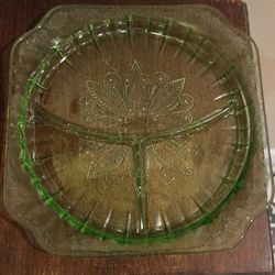 Green Depression Glass Relish Plate 9.5"