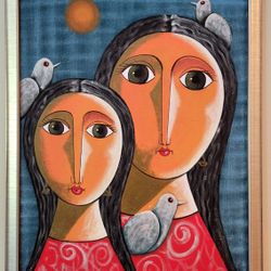 Rosario Ortiz Girls with Birds Impasto Oil Painting 33x44 Latin American