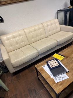 Cream Leather Tufted 3-Seat Sofa