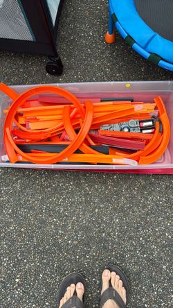 Bin of Hot Wheels Tracks and a Powered Car Booster