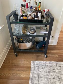 Crate & Barrel Gray Metal/ Glass Bar Cart