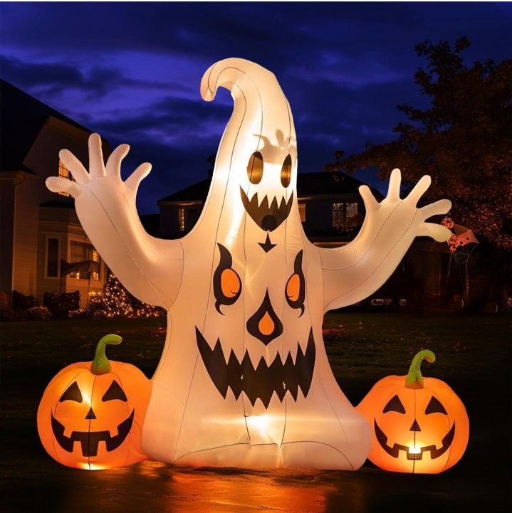 7.2FT Halloween Inflatable Decorations Outdoor Ghost Pumpkin: Scary Giant Blow Up Yard Decoration with LED Lights