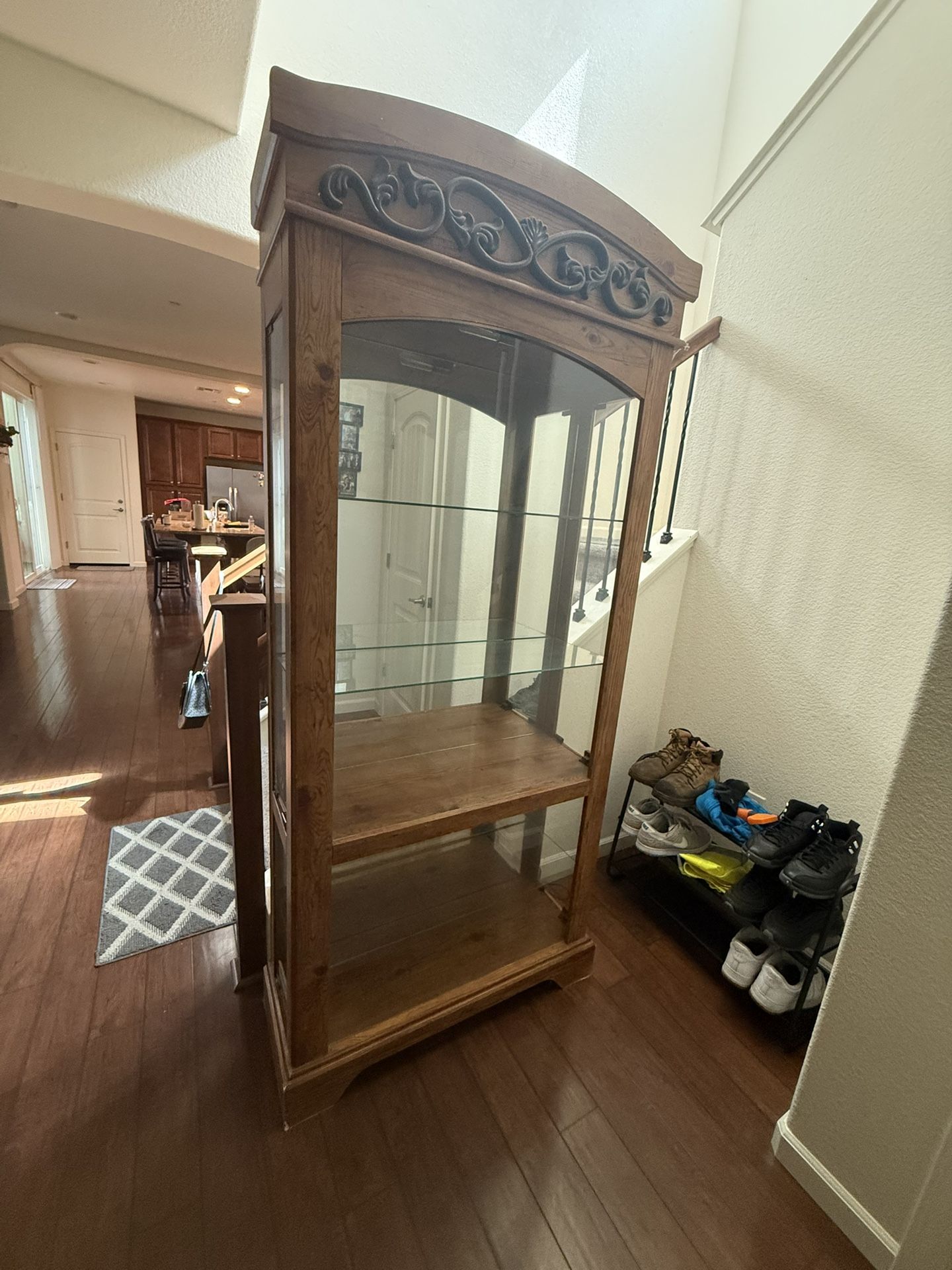 Vintage Wood & Glass Curio Display Cabinet with Carved Details