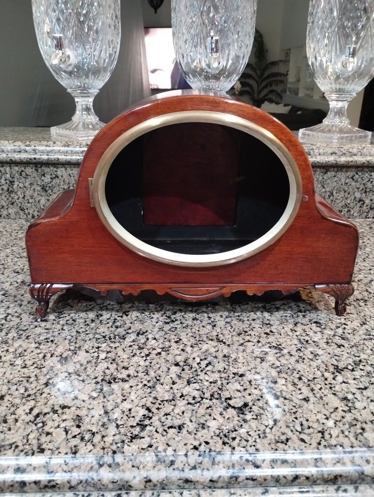 Antique Mahogany Skeleton Clock With Brass Opening