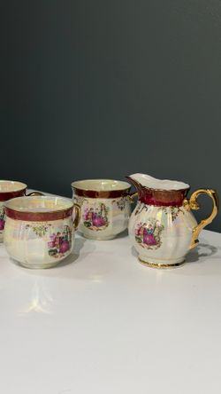 Shibata Fine Porcelain Victorian Scene 5 Cups with Creamer