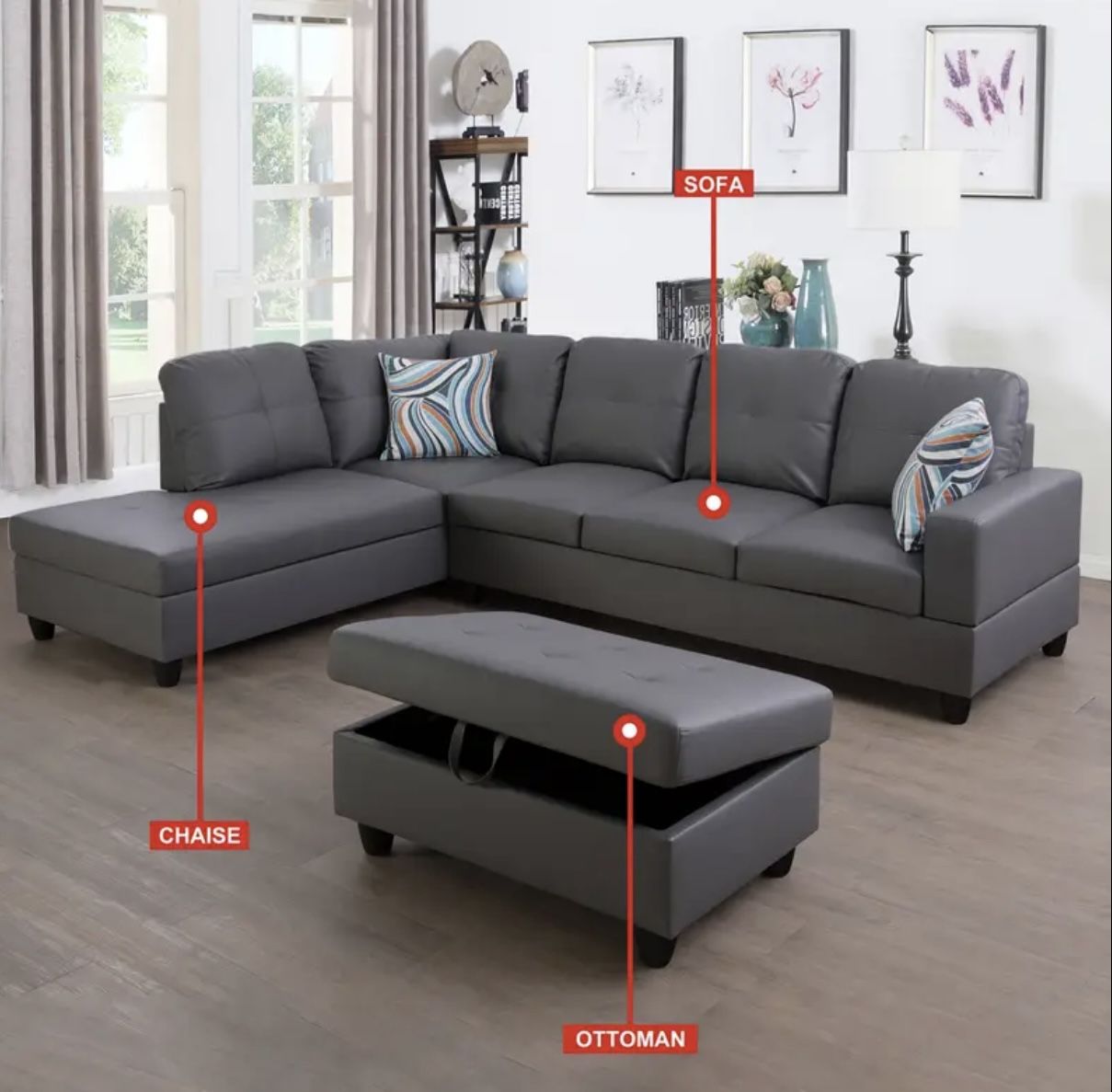Brand New Gray Sectional Sofa Couch With Ottoman