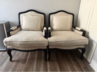 Restoration Hardware Marseilles Chairs – Pair – Black Oak & Belgian Linen