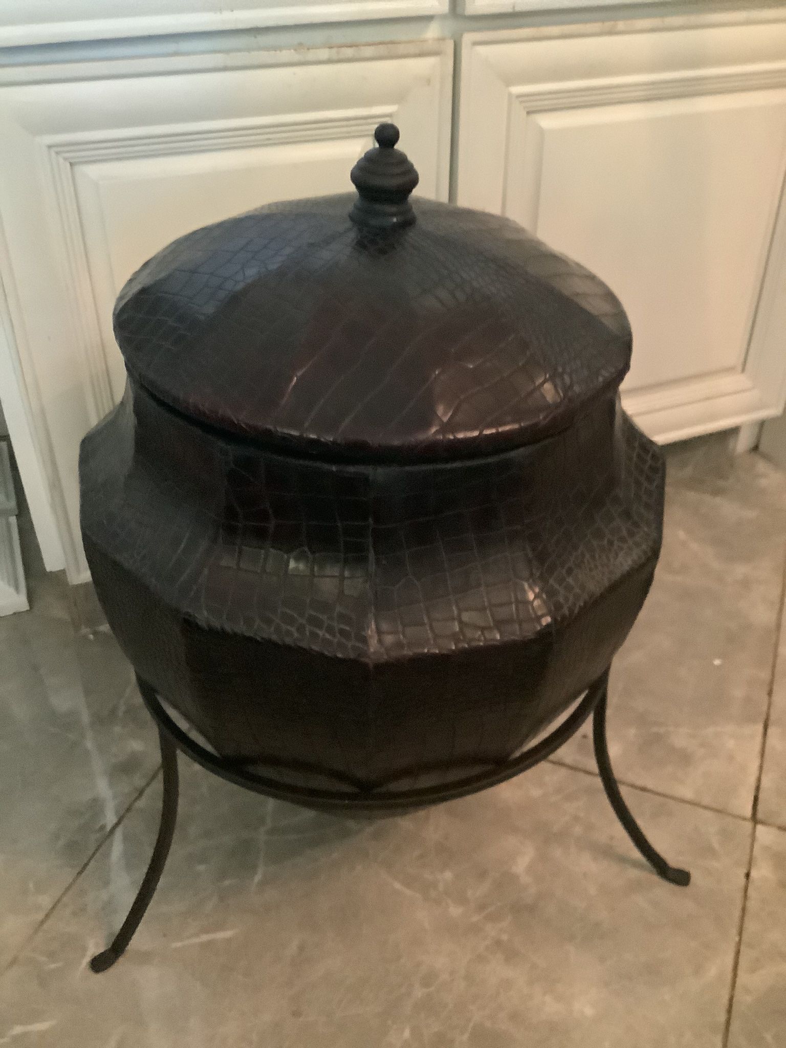 Large Alligator Skin Lidded Pot In wrought Iron Base