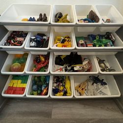 Toy Storage Organizer with 16 Plastic Storage Bins WITH TOYS - Grey/White - TOYS INCLUDED!! 