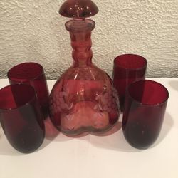 Ruby Bohemian Decanter With Grape Design And 4 Red Glasses, Decanter Is  9” Tall 