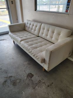 White Leather Tufted Sofa with Wood Legs