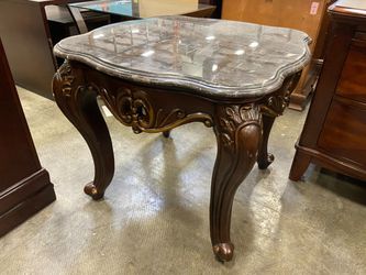 Ornate Tiled Marble Top Carved Wood End Table