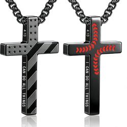 Baseball Bible Verse Cross Necklace for Boys Men, Stainless Steel Chain American Flag Pendant, Christian Religious Easter Cross Jewelry Gifts for Him