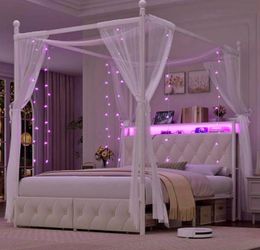 Queen Size metal LED Canopy Bed Frame with Storage and Charging Station