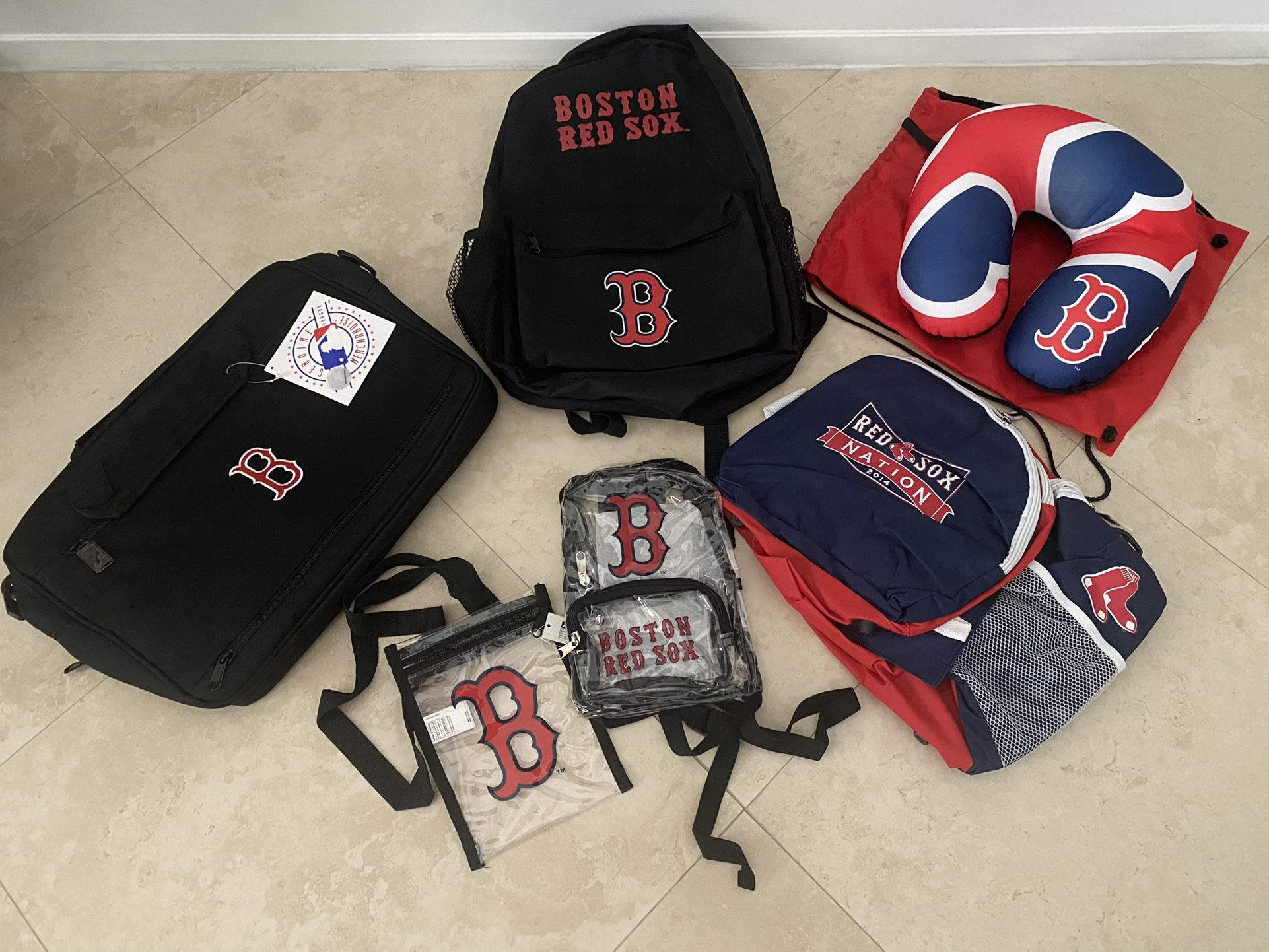 Boston Red Sox Package Deal, Table Pillow, Two Small Transparent Bags, Backpack, World Series Championship Small Duffle Bag And Computer Bag
