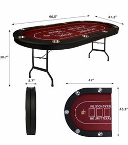 Upgrade 91'' Foldable Poker Table for 10 Players - Large Casino Table with Stainless Steel Cup Holders & Padded Rails - Texas Holdem Board Game Table 