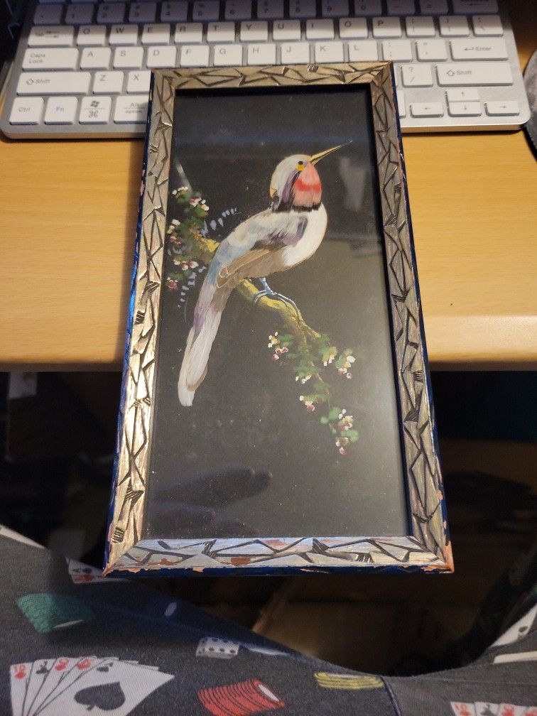Vintage Mexican Folk Art Feathercraft Bird Feather Picture Handcarved Wood Frame